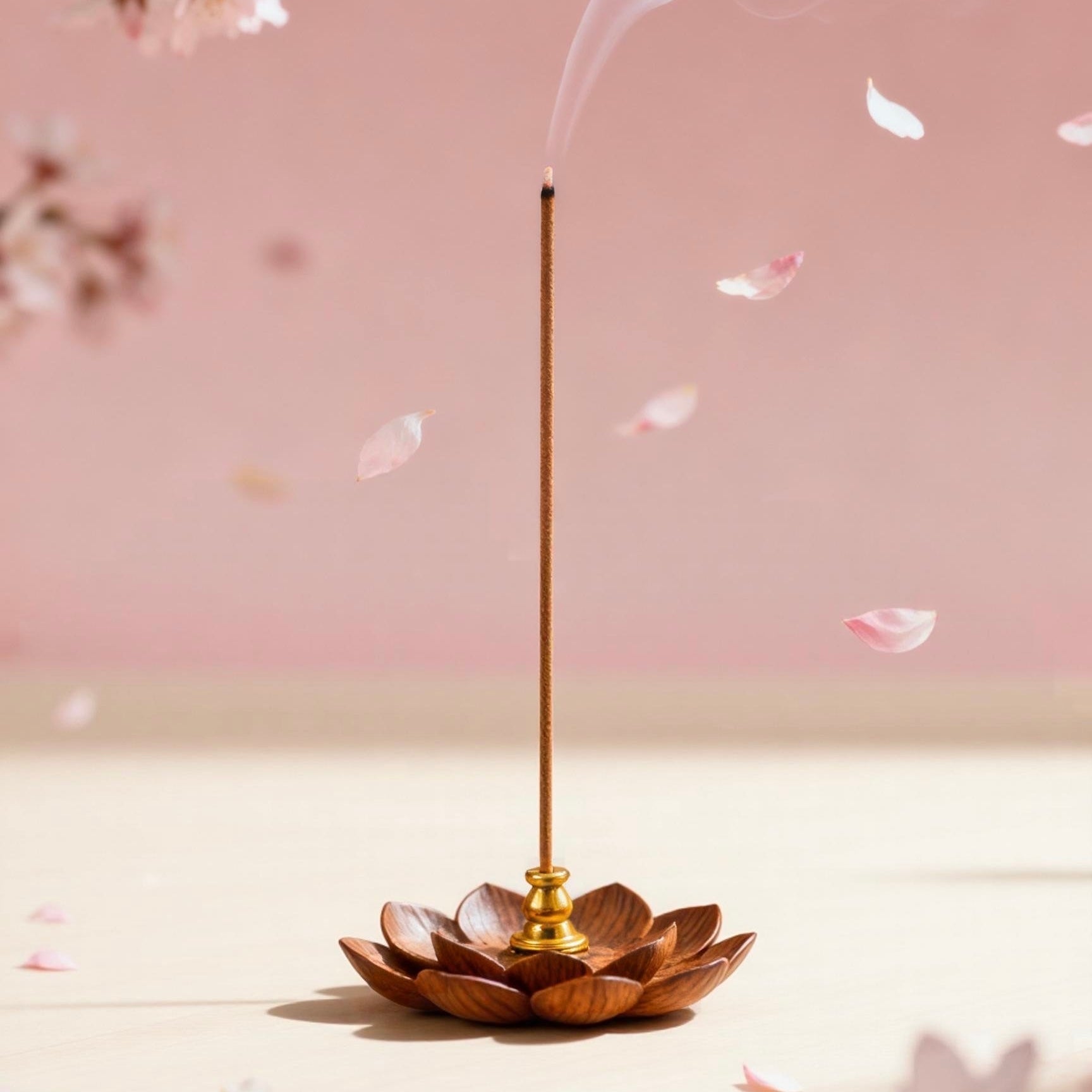 Handcrafted peach blossom incense by Lingdao, inspired by the Fox Fairy myth. Pink smoke drifts through soft petals, symbolizing charm, love, and awakening energy.